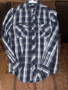 7 Diamonds  Large
Navy Plaid Button-Down Shirt for Men